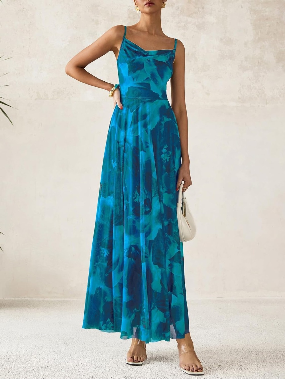 Teal Blue Floral Cowl Neck Maxi Bodycon Dress Size XL NWT